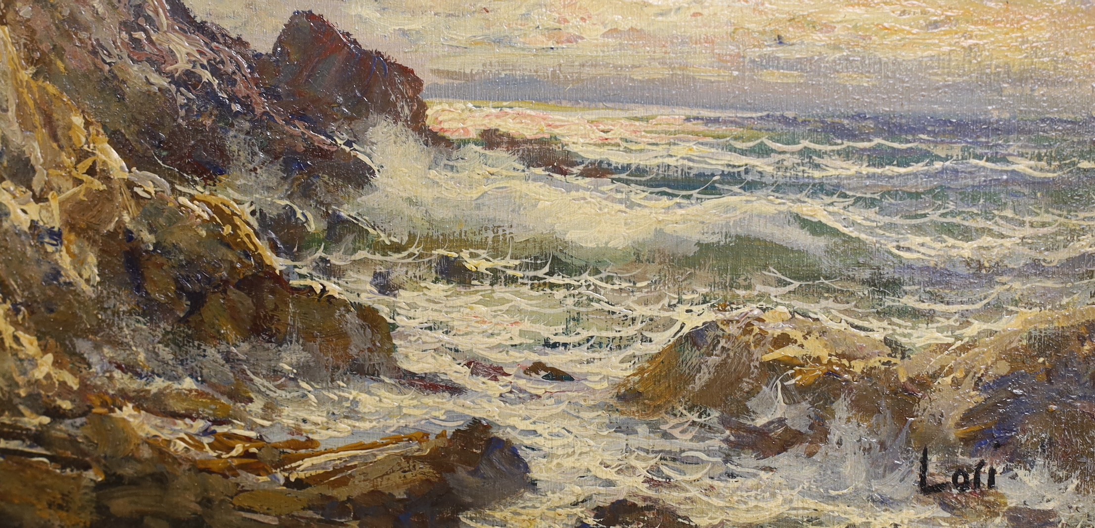 Sidney Yates Johnson (1890-1926), oil on canvas, Waves breaking against the shore, signed, 19 x 39cm, and four other assorted pictures